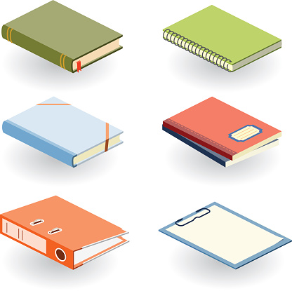 isometric books, notebooks, folder and clipboard