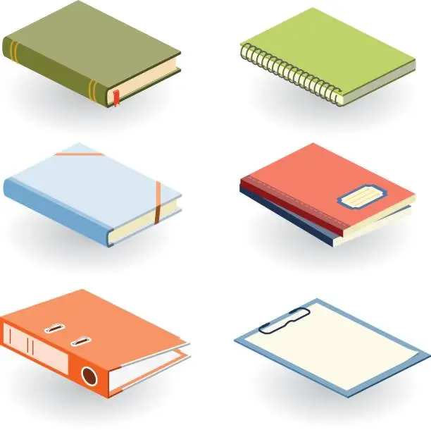 Vector illustration of Various books and other office supplies in different colors