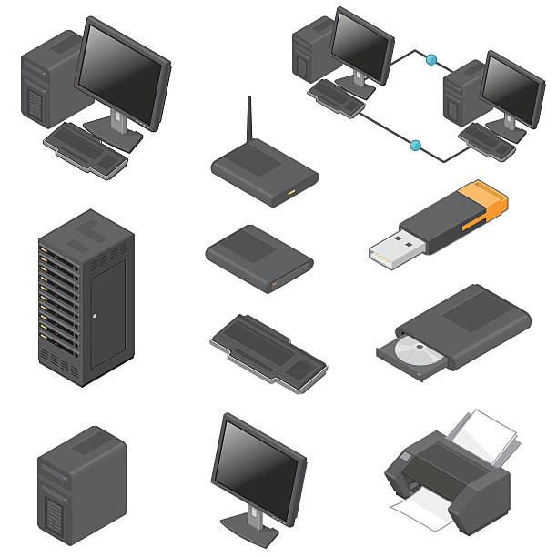 ilustraciones, imágenes clip art, dibujos animados e iconos de stock de isométricos iconos multimedia - network server black computer network rack