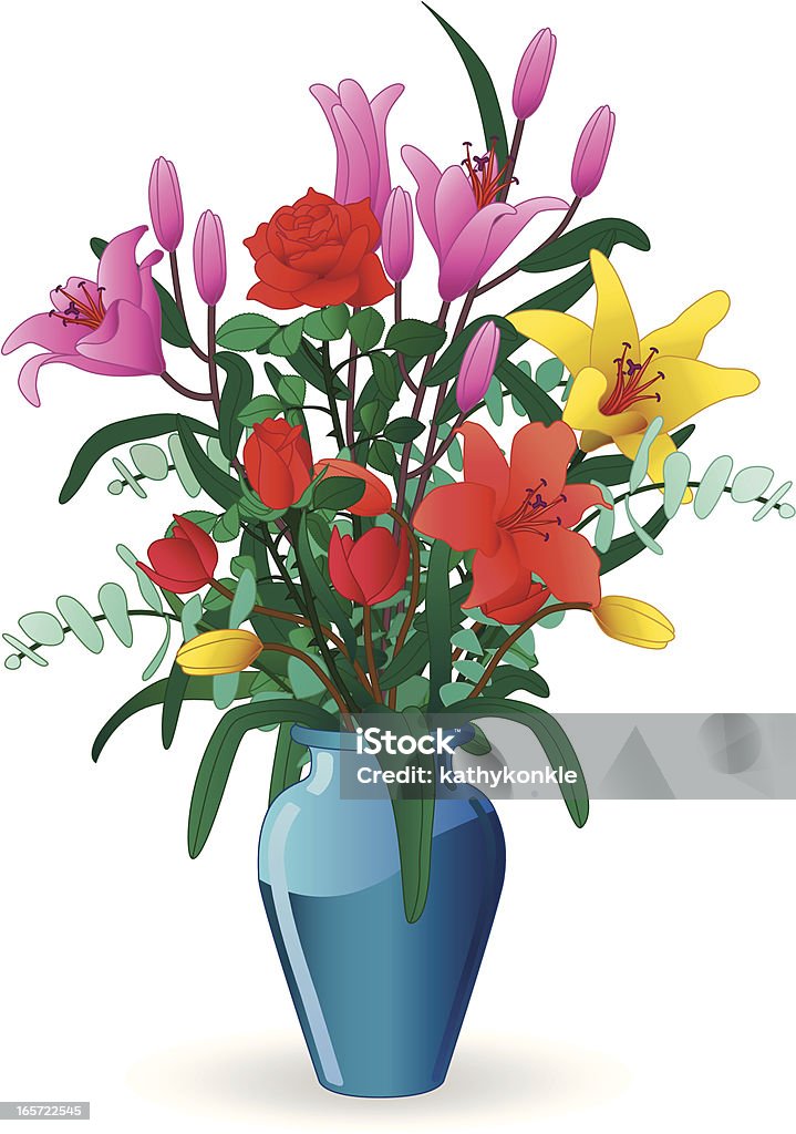 vase of flowers A vector illustration of a vase of flowers with lilies, roses and tulips. Vase stock vector