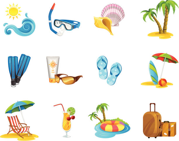 ilustrações de stock, clip art, desenhos animados e ícones de férias conjunto de ícones - wave island palm tree sea