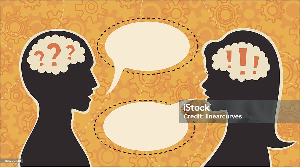 Question and answer Man and woman communicating, the man is asking a question or perhaps not understanding what the woman is saying. Communication Problems stock vector