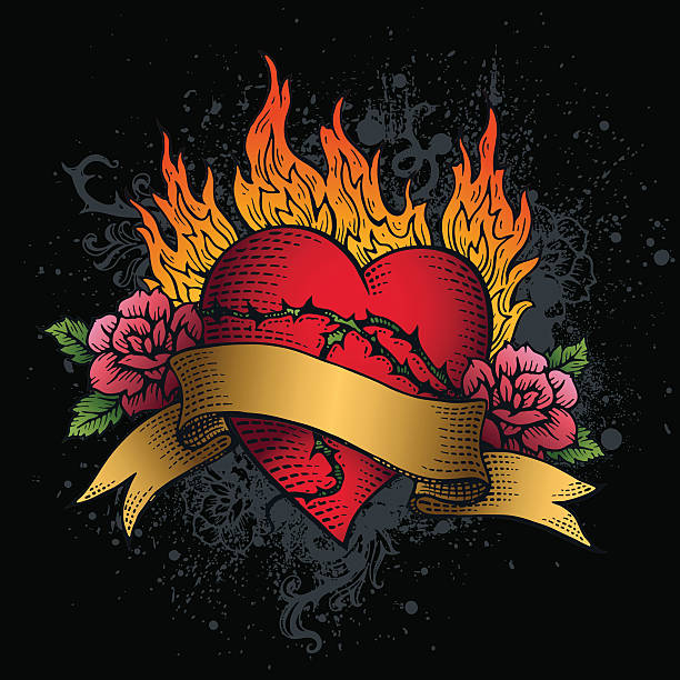 ilustraciones, imágenes clip art, dibujos animados e iconos de stock de gráfico de corazón en fuego banner tatuaje con rosas - rose valentines day flower single flower
