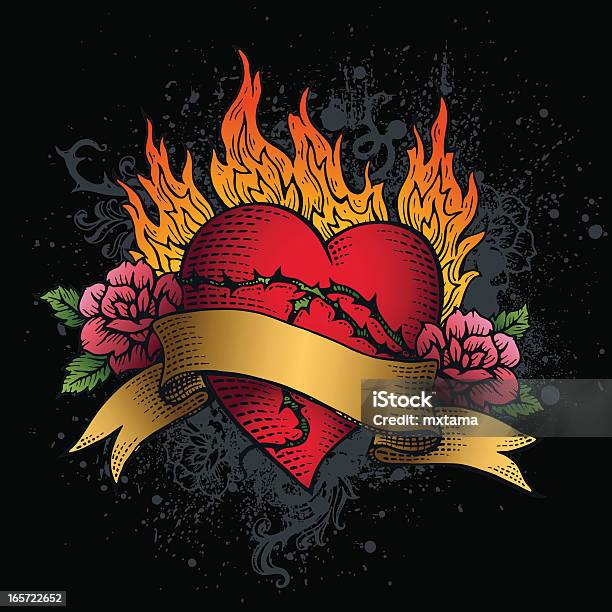 Wzór Z Serca Na Ogień Banner Tatuaż Z Róż - Stockowe grafiki wektorowe i więcej obrazów Serce - Symbol idei - Serce - Symbol idei, Tatuaż, Ogień