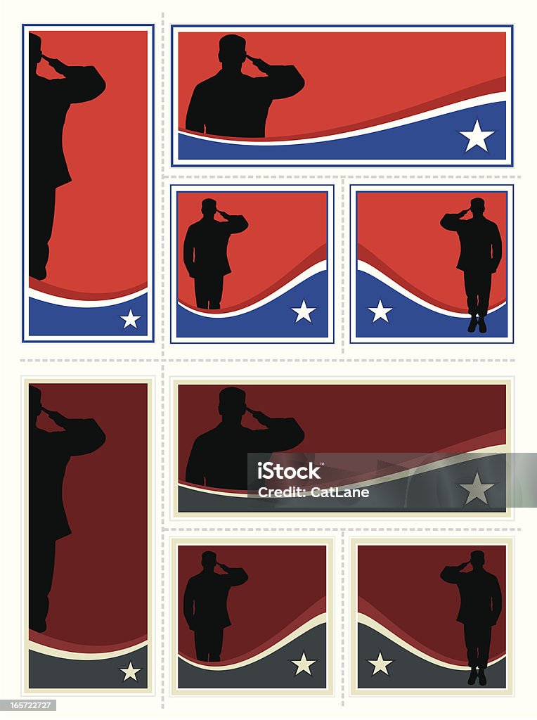 Patriotic Soldier Set "Horizontal, vertical and square banners of military soldier saluting. One set in vintage colors; other in brights. Space in each set for your text." Saluting stock vector