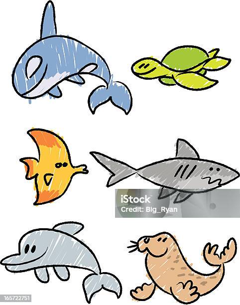 Stick Figure Sea Life Stock Illustration - Download Image Now - Otter, Shark, Whale