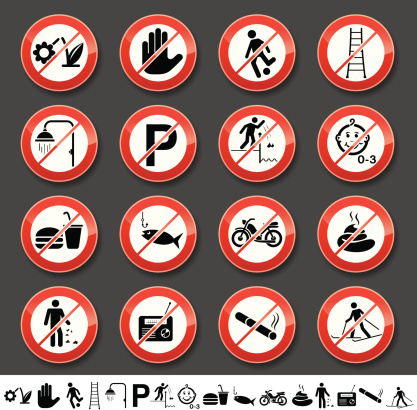 A collection of 16 different prohibited signs.