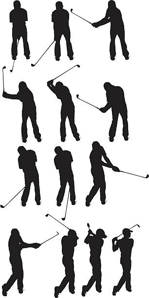 ilustraciones, imágenes clip art, dibujos animados e iconos de stock de golfista demuestra el columpio de golf - golf action silhouette balance