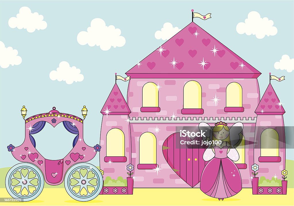 Sparkly Pink Palace with Cute Fairy Princess and Carriage. Cute fairy princess with tiara, necklace and wand in front of her sparkly pink palace with her heart decorated carriage. On a blue sky background with fluffy white clouds. Princess stock vector
