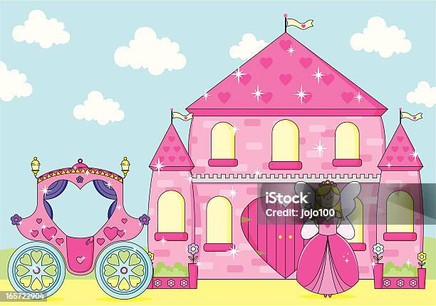 Sparkly Pink Palace With Cute Fairy Princess And Carriage Stock Illustration - Download Image Now