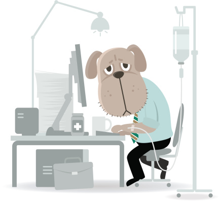 Vector illustration - Business Dog working hard and tired, with IV Drip.