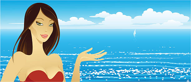 Girl on the sea vector art illustration