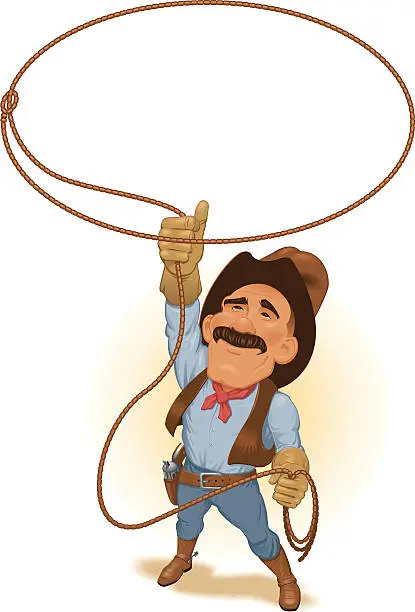 Vector illustration of Cartoon of cowboy with mustache holding lasso