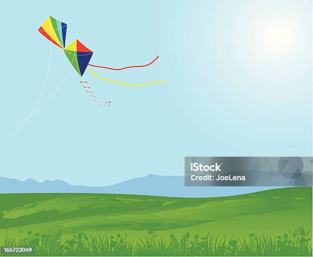 Луг Голубое Небо И Kites — стоковая векторная графика и другие изображения на тему Векторная графика - Векторная графика, Весна, Зелёный цвет