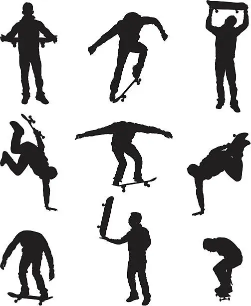 Vector illustration of Cool skate boarders doing stunts