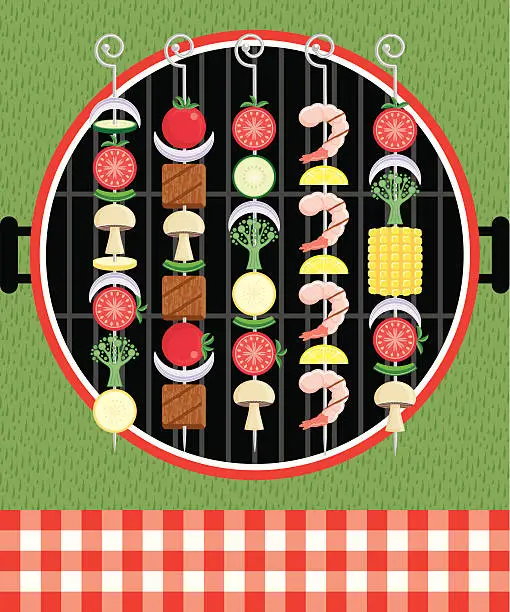 Vector illustration of Graphic illustration of kabobs on the grill at a picnic