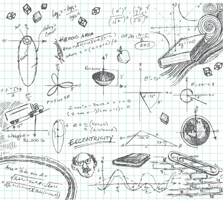 Hand-drawn doodle pencil sketch of various math functions and story problems. Graph paper on layer that can be easily removed. XL 5000x5000 jpeg included.