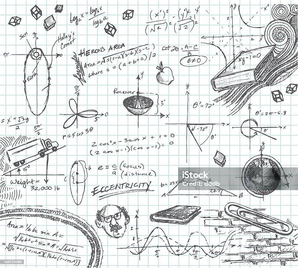 Trigonometry Math Class doodle Hand-drawn doodle pencil sketch of various math functions and story problems. Graph paper on layer that can be easily removed. XL 5000x5000 jpeg included. Note Pad stock vector