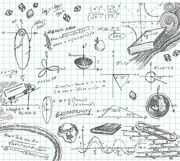 Trigonometry Math Class doodle Hand-drawn doodle pencil sketch of various math functions and story problems. Graph paper on layer that can be easily removed. XL 5000x5000 jpeg included. learning backgrounds stock illustrations