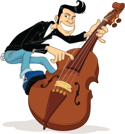 Vector cartoon of a rockabilly double bass player. Grouped elements, placed on separate layers, easy to edit. No gradients. Document color mode: CMYK.