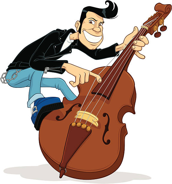 Rockabilly Double Bass Player Vector cartoon of a rockabilly double bass player. Grouped elements, placed on separate layers, easy to edit. No gradients. Document color mode: CMYK. rockabilly hair men stock illustrations