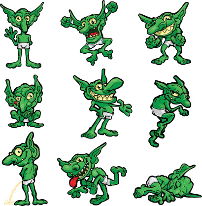 Vector, illustrated set of Cel Art goblins in various poses, hand-drawn with expressive, sketchy lines and shapes, containing NO gradients nor effects for maximum compatibility with the vector software of your choice.