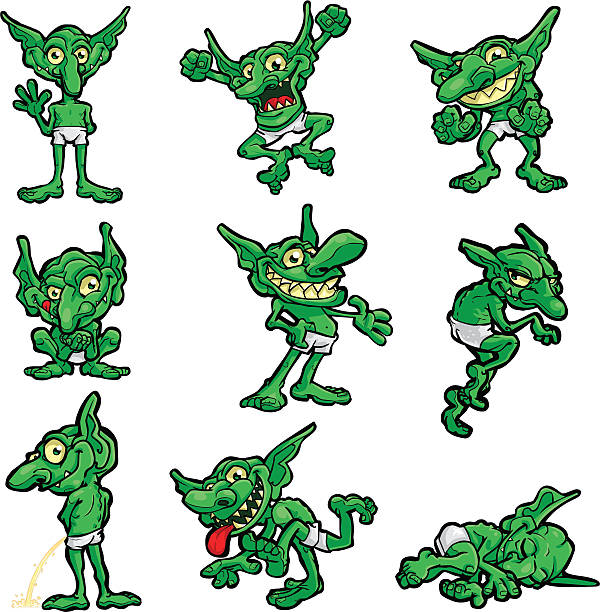 Cel Art: Goblins Vector, illustrated set of Cel Art goblins in various poses, hand-drawn with expressive, sketchy lines and shapes, containing NO gradients nor effects for maximum compatibility with the vector software of your choice. goblin stock illustrations