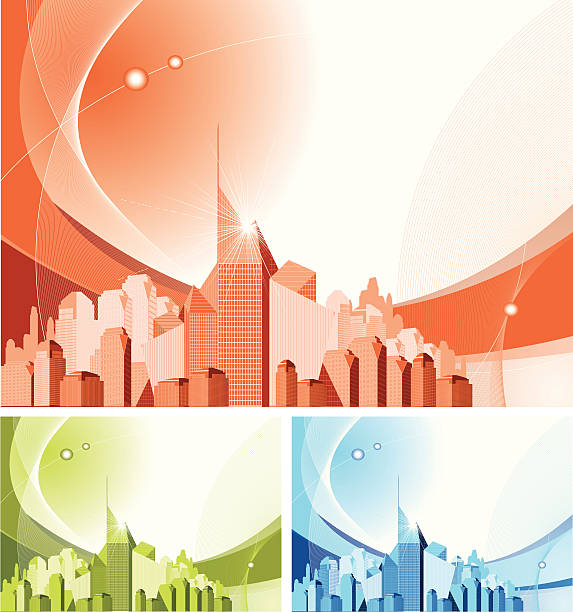 illustrazioni stock, clip art, cartoni animati e icone di tendenza di astratto generico centro città. set di tre - abstract backgrounds architecture sunbeam