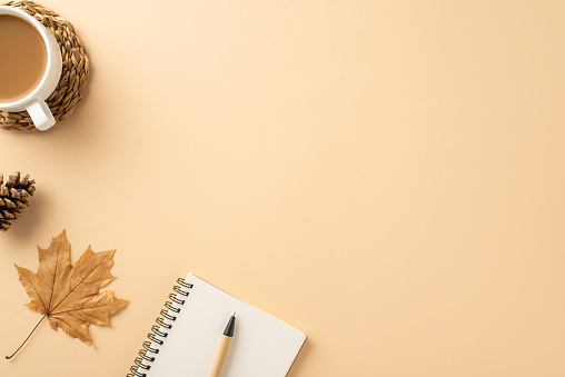 Fall-inspired desk arrangement. Top view of hot chocolate, spiral notepad, pen, pine cones maple leaf on soft beige background. Empty area for text