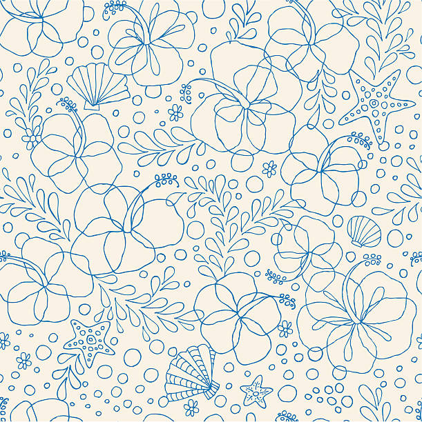 Seamless Hibiscus Floral Pattern Hand drawn style floral pattern. Zip contains AI, PDF and Hi-res Jpeg formats. beach designs stock illustrations