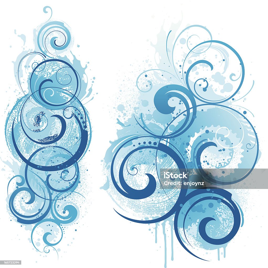 Decorative blue splash motif designs Two vibrant blue swirling motif designs with grunge splatters. Backgrounds stock vector