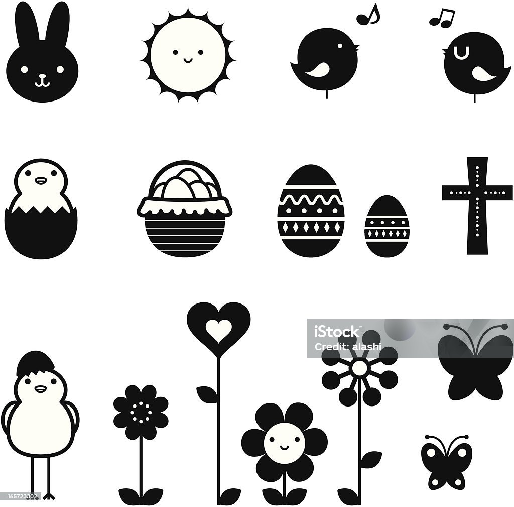 Vacances de Pâques Ensemble d'icônes, des éléments de décoration en noir et blanc - clipart vectoriel de Icône libre de droits