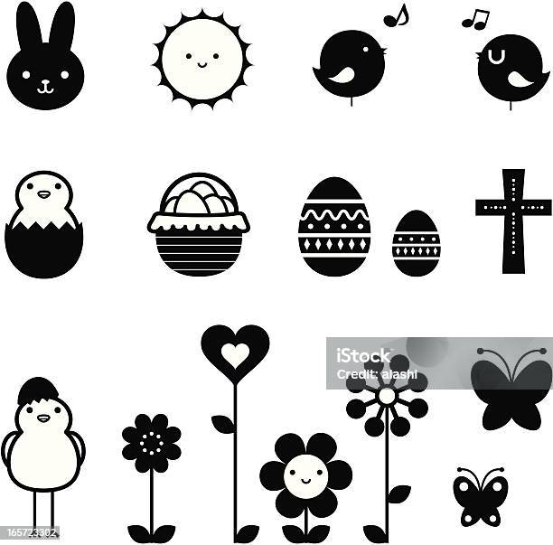 Пасхальный Праздник Икона Набор Элементы Дизайна В Чернобелом — стоковая векторная графика и другие изображения на тему Иконка