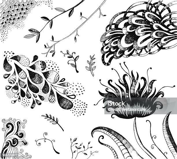 Разнообразие Doodle Растений И Цветов Изолированных На Белом — стоковая векторная графика и другие изображения на тему Ветвь - часть растения