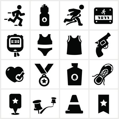 Black distance running icons. All white shapes and strokes are cut from the illustrations. Shapes are also merged.