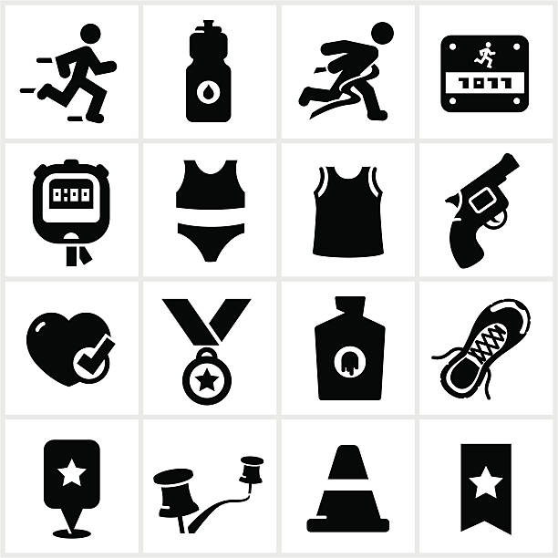 Long Distance Running Icons Black distance running icons. All white shapes and strokes are cut from the illustrations. Shapes are also merged. starting gun stock illustrations