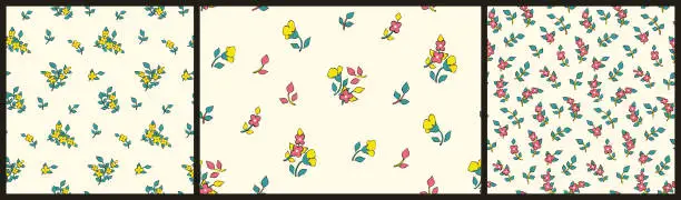 Vector illustration of Seamless floral pattern with simple small sketch flowers on a white background in the collection. Vector.