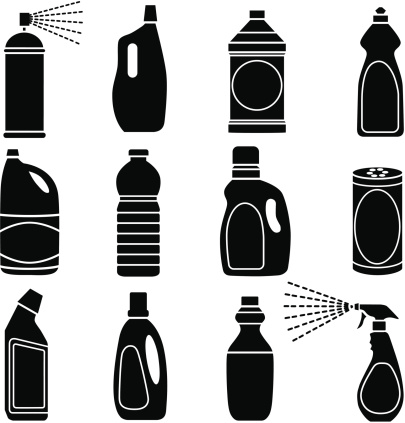 Vector icons of cleaning supplies and plastic bottles.
