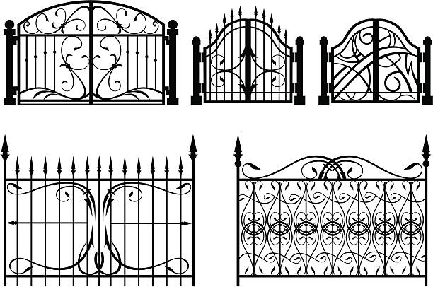 Iron Gate & fence examples of design of forged fences and gates gate stock illustrations