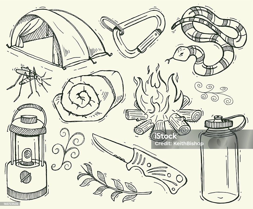 Camping Doodles with Camp Fire, Lantern & Tent Pen and ink doodles of camping items. Compound paths. Color changes a snap. Use as positive image or reverse out. Ghost back or color it. Check out my "Doodles" light box for more. Camping stock vector