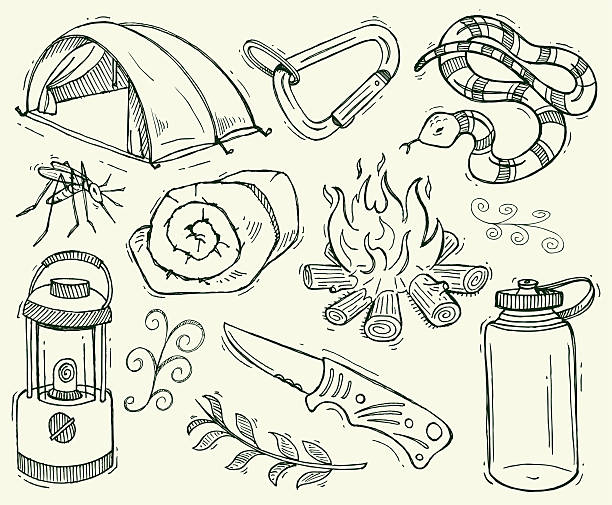 Camping Doodles with Camp Fire, Lantern & Tent Pen and ink doodles of camping items. Compound paths. Color changes a snap. Use as positive image or reverse out. Ghost back or color it. Check out my "Doodles" light box for more. camping drawings stock illustrations