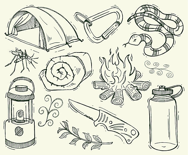 Camping Doodles with Camp Fire, Lantern & Tent Pen and ink doodles of camping items. Compound paths. Color changes a snap. Use as positive image or reverse out. Ghost back or color it. Check out my "Doodles" light box for more. carabiner stock illustrations