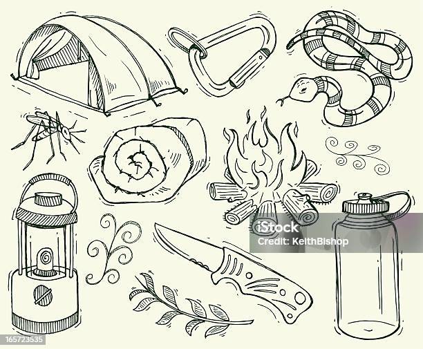 Camping Doodles With Camp Fire Lantern Tent Stock Illustration - Download Image Now - Camping, Carabiner, Doodle