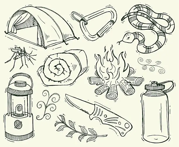 Vector illustration of Camping Doodles with Camp Fire, Lantern & Tent