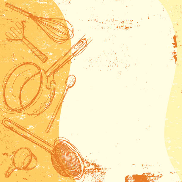 cooking utensil background Sketchy, hand drawn kitchen utensils on an abstract background with copy space. The items included are a whisk, potato masher, wooden spoon, cooking pot, strainer, and measuring cup. The artwork extends outside the square clipping mask. To edit, select the artwork and go to OBJECT-> CLIPPING MASK-> EDIT CONTENTS or RELEASE. clip art of a potato masher stock illustrations