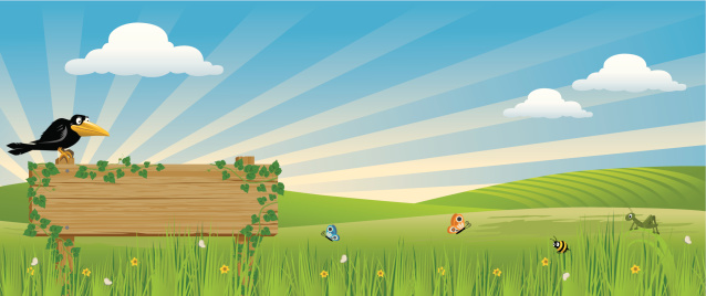 Green hills with wooden sign. Springtime theme of grass, insects and flowers in the foreground, light rays and clouds in the sky background. Wooden sign has crow sitting on top, which can be easily removed, as can any of the elements, with the artwork being on separate and editable layers. Space on sign for copy or text. Download includes an AI8 EPS vector file and a high resolution JPEG file (min. 1900 x 2800 pixels). 