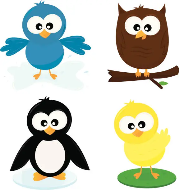 Vector illustration of Four Cute Cartoon Birds