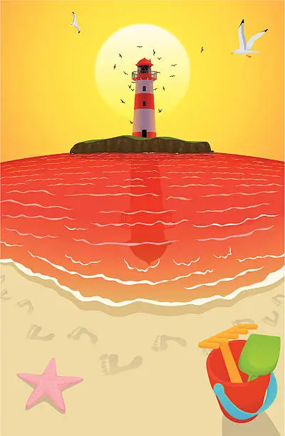 Vector illustration of Beach & Lighthouse Island - Sunset Version