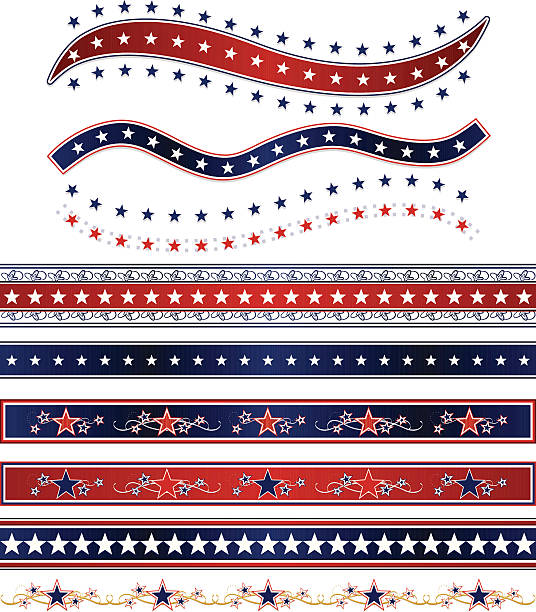 Patriotic Ribbons, Borders, and Stars Set: Red, White, Blue Set of shiny red, white, blue ribbons and borders with stars, and star designs. USA Fourth of July, Britain, patriotic. Mixable layers.  government borders stock illustrations