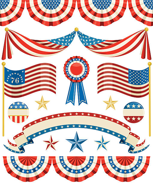 Old Fashioned American Bunting Aged looking American Bunting, Flags, Ribbons, Stars, and Buttons. american flag bunting stock illustrations